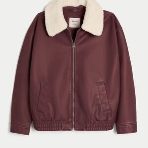 Hollister Burgundy Leather Jacket with Cream Collar Fall Aesthetic